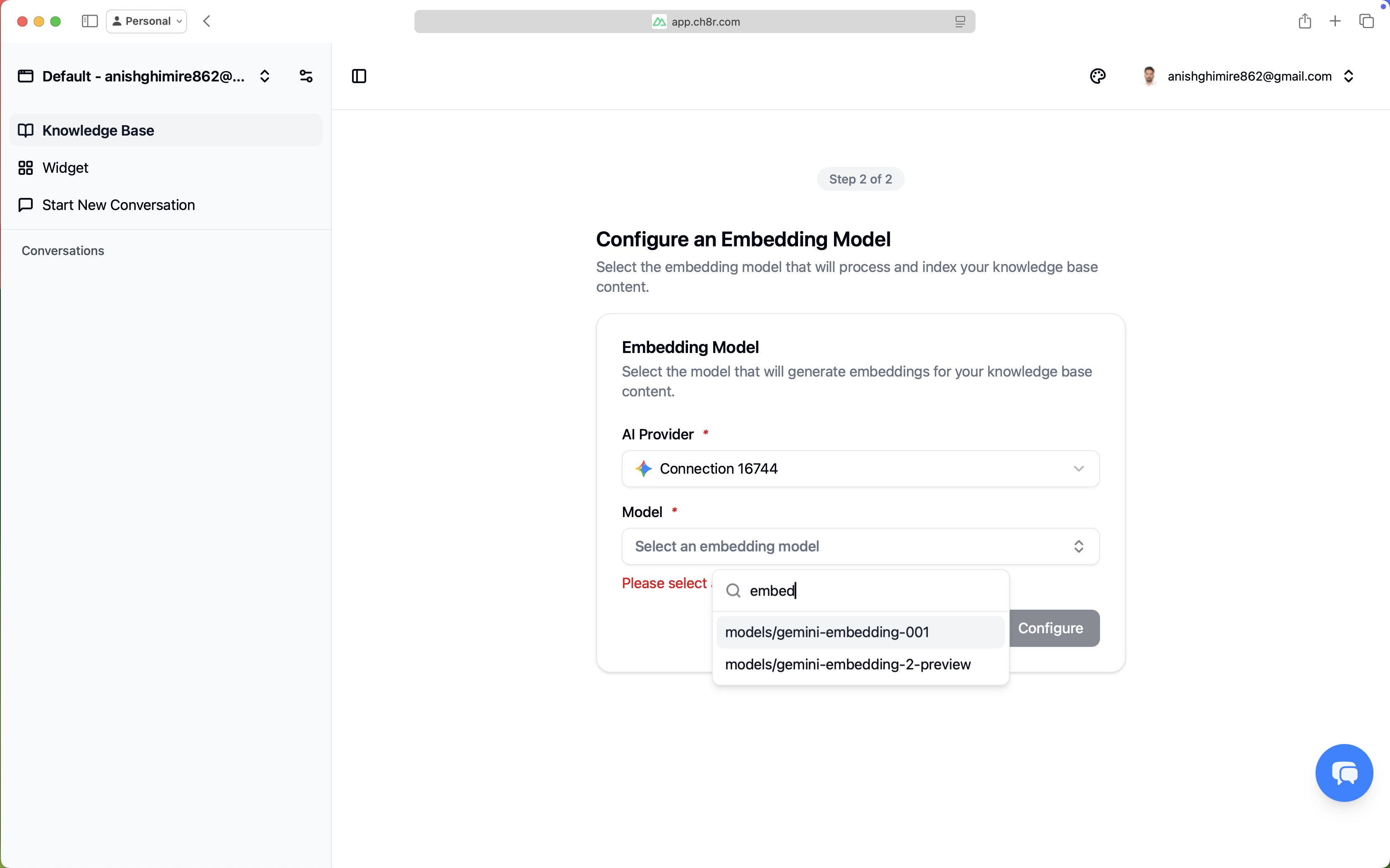 ch8r onboarding - configure embedding model